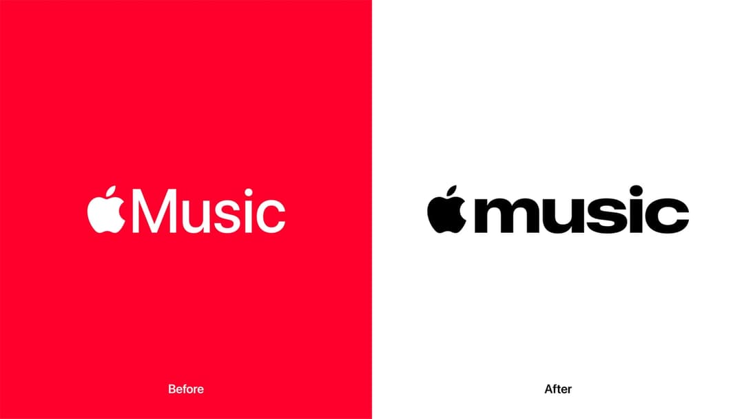 A before-and-after comparison of the Apple Music logo. The "Before" panel on red shows a white Apple logo with a "Music" wordmark in a standard typeface, and the "After" panel on white shows a black Apple logo with a bold lowercase "music" wordmark.