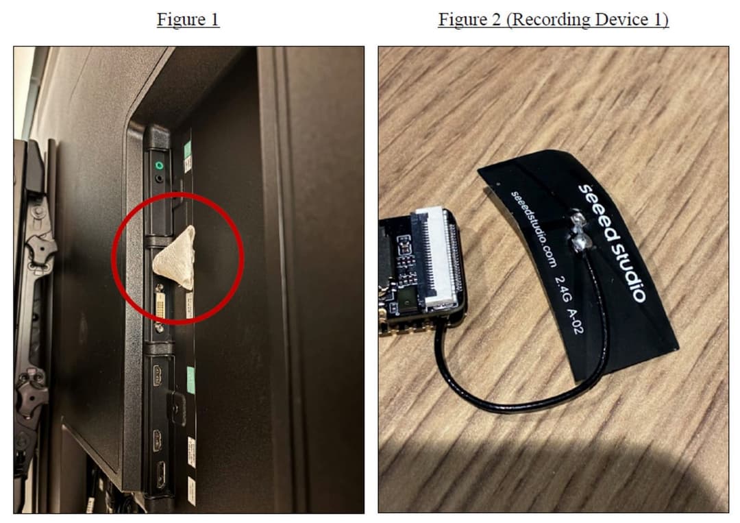 The image presents two photographs of a recording device, labeled "Figure 2 (Recording Device 1)" and "Figure 1", respectively. The left photograph shows a close-up view of the device's black casing, which houses a small, white, triangular object. The right photograph provides a wider perspective of the device, reveali