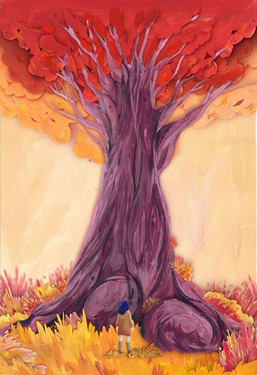 The image depicts a large, purple tree with a thick trunk and numerous branches, standing in a field of orange and yellow flowers. A small figure, possibly a child, is standing in front of the tree, facing away from the viewer. The background is a pale yellow/beige color. The image is rendered in a style that suggests