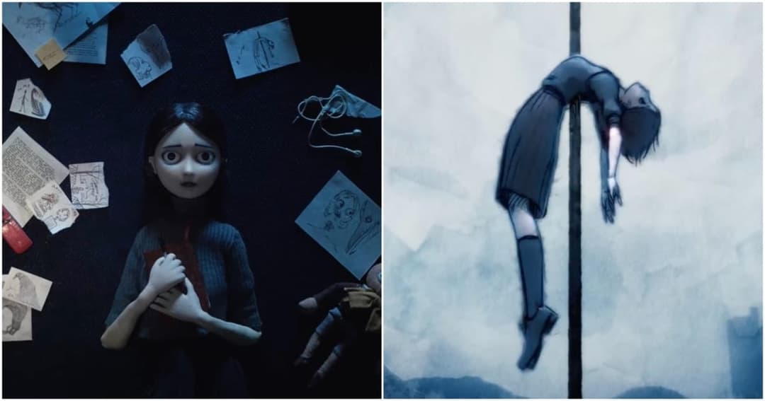 A two-panel image: on the left, a stop-motion style doll with large eyes lies on dark fabric among pinned sketches; on the right, a hand-drawn figure of a girl hangs limply over a pole against a pale blue background. No legible text is visible.