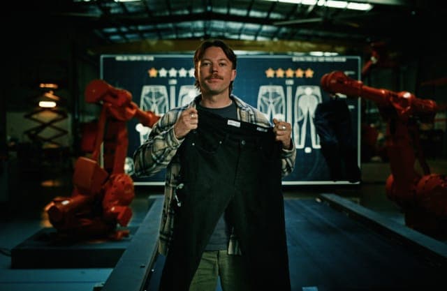 A man stands in a dimly lit industrial setting, holding up a pair of black pants. He is wearing a plaid shirt over a dark-colored t-shirt and khaki or beige pants. The pants are being held up by his hands, and he is looking directly at the camera. In the background, two red robotic arms are visible, and a large screen