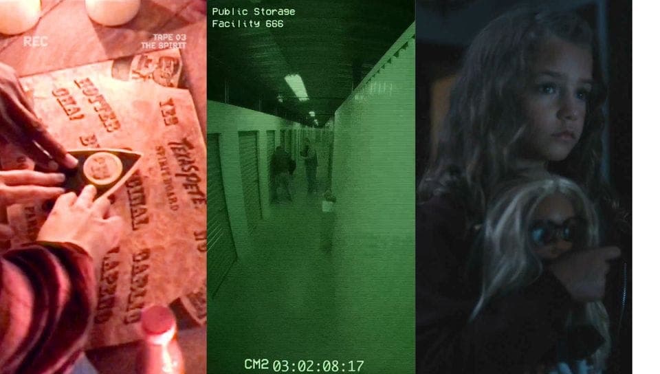 A three-panel collage: on the left, a reddish-tinted close-up of hands resting on a Ouija-style planchette over lettered paper, with 'REC' and 'TAPE 03 THE SPIRIT' overlaid; in the middle, green night-vision footage of a storage corridor marked 'Public Storage Facility 666' with timestamp 'CM2 03:02:08:17'; on the righ