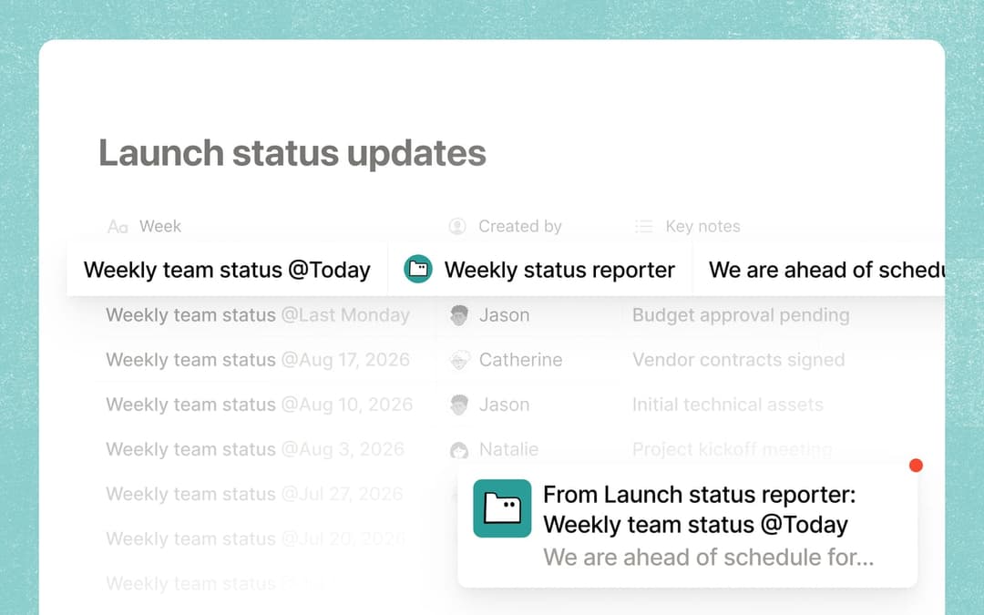 The image shows a screenshot of a project management dashboard displaying weekly team status updates. The dashboard is primarily white with a teal/aqua colored border. The main content area is a list of updates, each with a date and a description. The updates include budget approval pending, vendor contracts signed, in