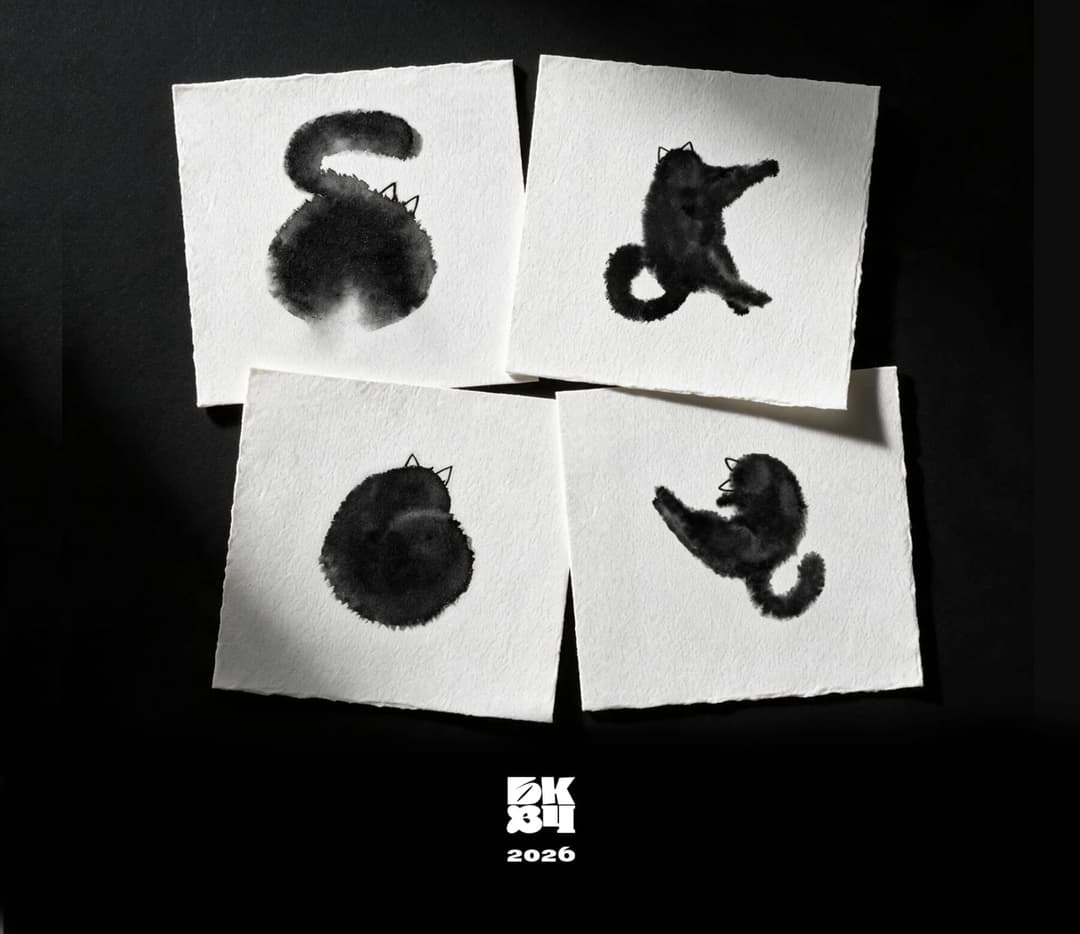 The image presents a collection of four square pieces of white paper, each featuring a black ink drawing of a cat in a different pose. The cat is depicted in a curled-up position, a stretched-out position, and a standing position. The cat is rendered in a simple, black ink style. The background is a stark black, provid