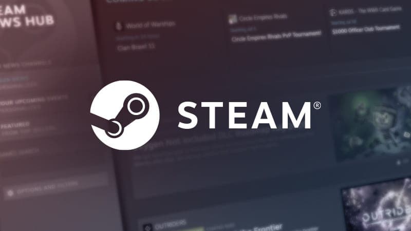 The image shows a computer screen displaying the Steam logo, which is a white circle with a black steam engine icon inside. The Steam logo is positioned in the center of the screen. The background of the screen is dark, with a blurred image of a video game interface visible in the bottom right corner. The interface sho