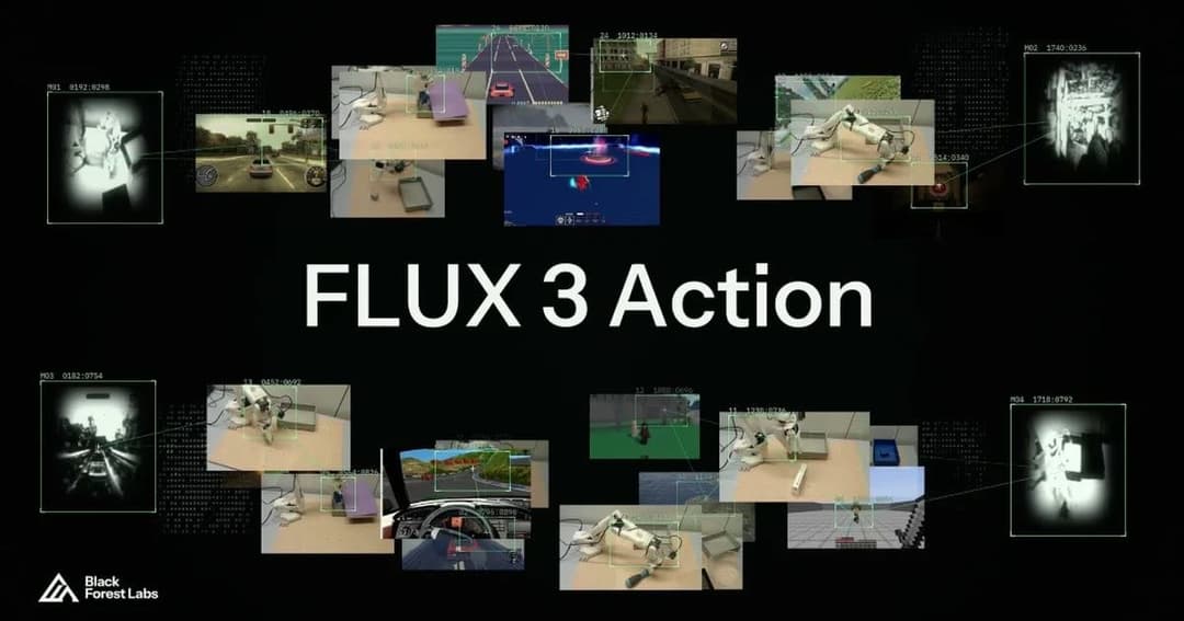 The image presents a collage of screenshots from a FLUX 3 Action project. The collage is composed of multiple smaller images, each depicting a different aspect of the project. The images are arranged in a grid-like pattern, with the title "FLUX 3 Action" prominently displayed in the center. The collage includes a varie