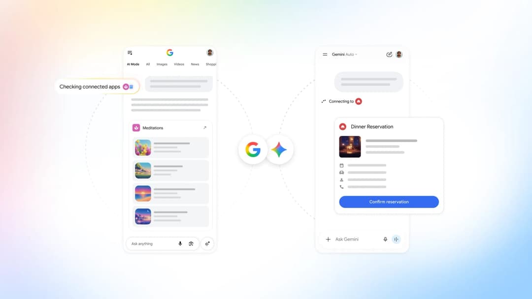 A Google promotional graphic showing a Google AI Mode search page with a "Checking connected apps" banner and "Meditations" cards, next to a Gemini chat window displaying a "Dinner Reservation" card with a "Confirm reservation" button. The Google "G" logo and the Gemini sparkle logo sit between the two screens.