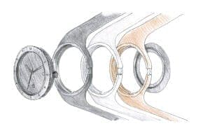 A pencil sketch showing a ring-shaped watch case shown in a sequence of four positions, with the first piece shaded grey, the others in lighter tones, and a warm tan highlight on the right. No readable text is visible.