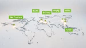 The image presents a stylized world map rendered in a 3D style, with a light gray background. The map is divided into continents, each represented by a gray shape, and features a network of light gray lines connecting the continents. The continents are labeled with their respective names in green text. The map is cente