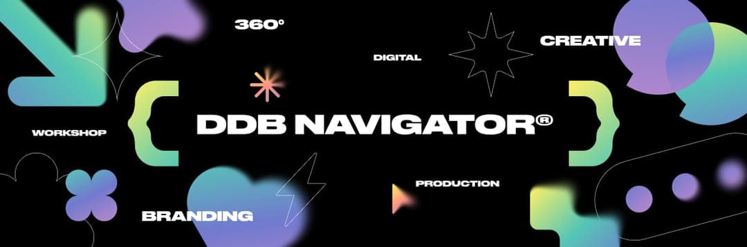 The image presents a vibrant digital art piece titled "DB Navigator 360°" against a black background. The title is prominently displayed in bold white letters, with "360°" and "DB NAVIGATOR" written in white, and "360°" and "CREATIVE" in white. The artwork is composed of various shapes and lines in a variety of colors,