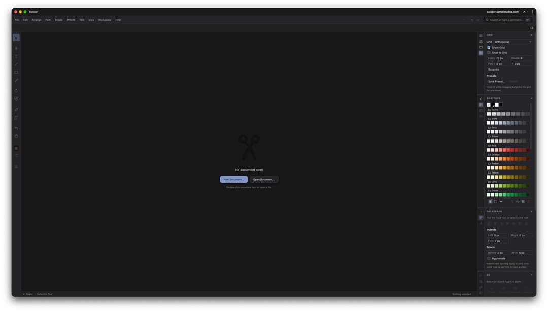 The image shows a screenshot of a Scissor Studio website. The website is set against a black background, with a white title bar at the top. The website features a clean, minimalist design with a dark gray or black theme. The main content area is a large, white rectangle with a black border, containing a gray pair of sc
