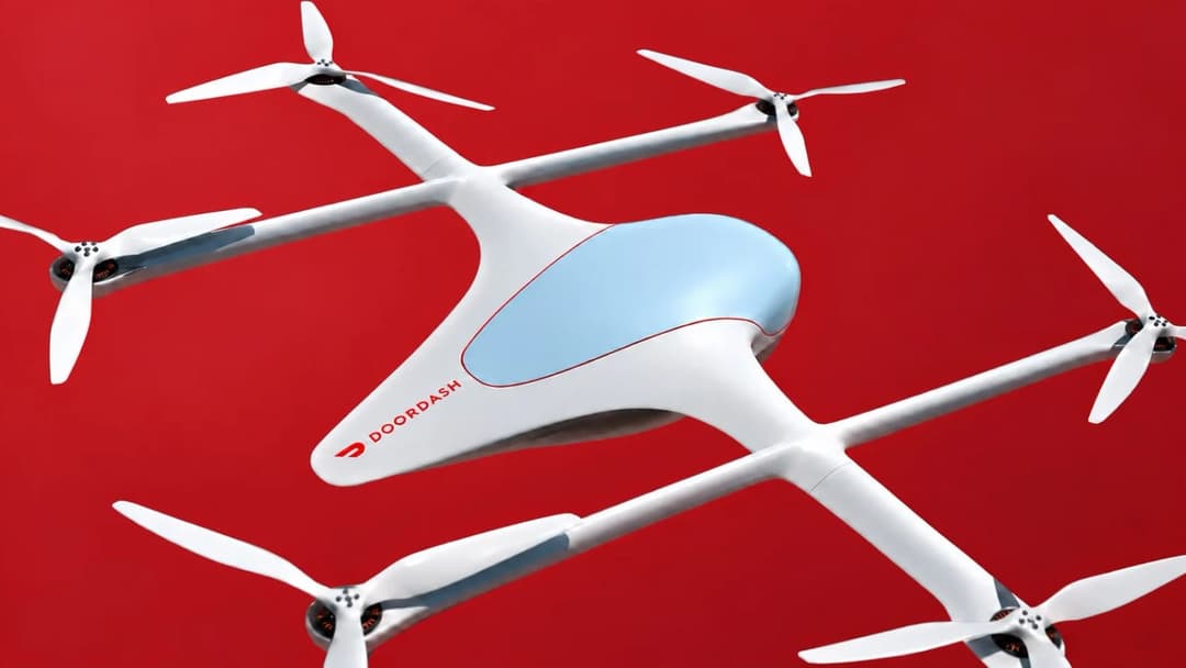 The image shows a white drone with four propellers, each with a light blue/grey blade, against a vibrant red background. The drone has a unique design, with a curved body and a light blue/grey cockpit. The word "doorDash" is prominently displayed in red on the side of the drone. The drone is positioned slightly off-cen