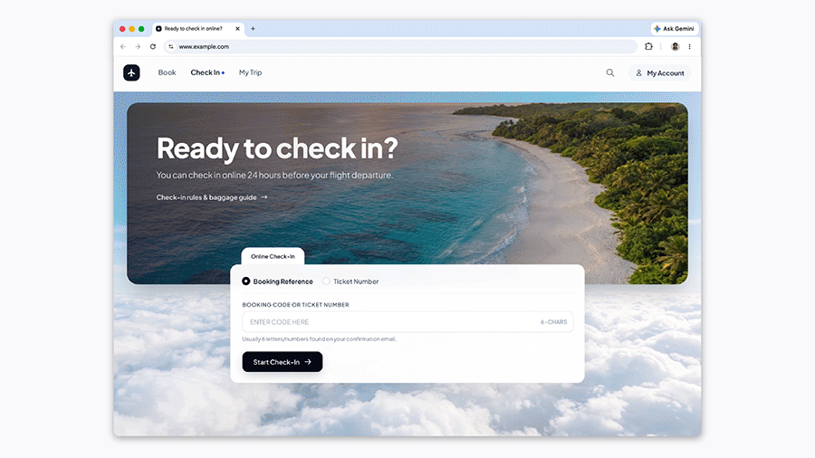 An animated mockup of an airline website shows the heading "Ready to check in?" above an Online Check-In form with Booking Reference and Ticket Number options. The browser window shows the tab title "Ready to check in?", the URL www.example.com, and an "Ask Gemini" button.
