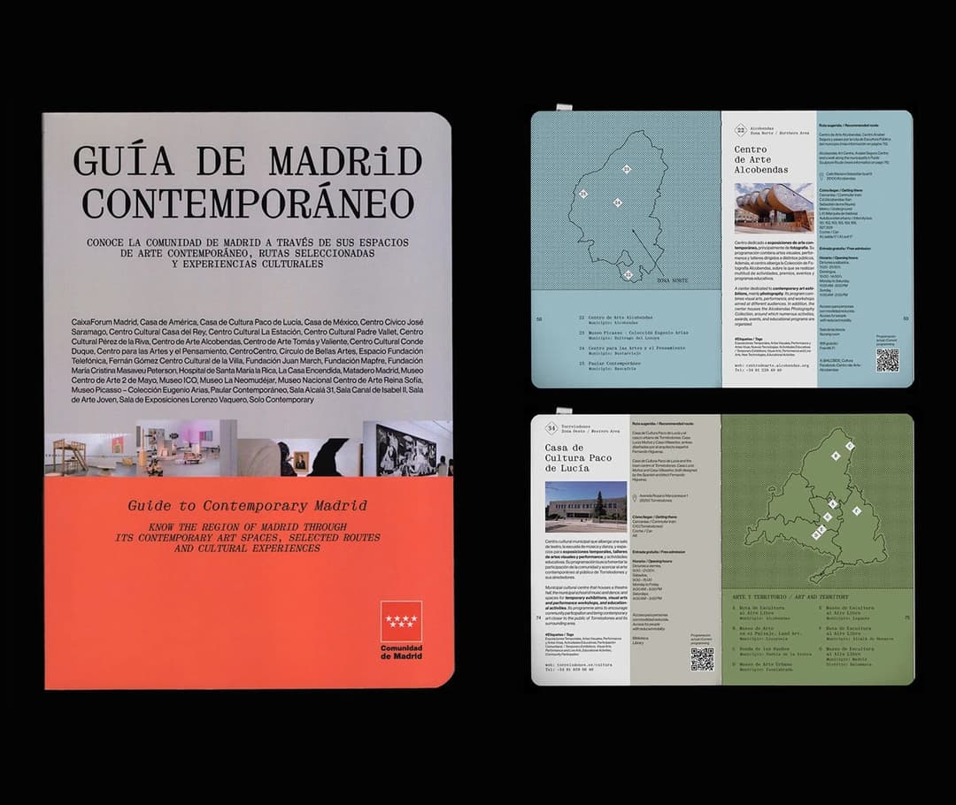 The image presents a book titled "Guaí de Madrid Contemporâneo" by the Comunidad de Madrid, which is a guide to Madrid through its contemporary art spaces, selected routes, and cultural experiences. The book is divided into three sections: the cover, the spine, and the back cover. The cover features a vibrant red and w