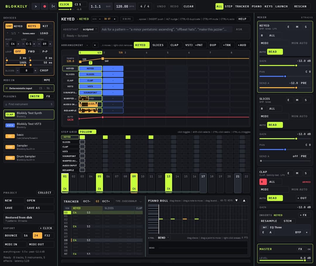The image shows a Blokkly music production software interface. The interface is primarily dark gray and black, with a light gray header at the top. The software is organized into sections, including "Keyboard", "Mixer", "Instruments", "Step Grid", "Tracks", "Project", "Collect", "Tracker", "Piano Roll", and "Master". T