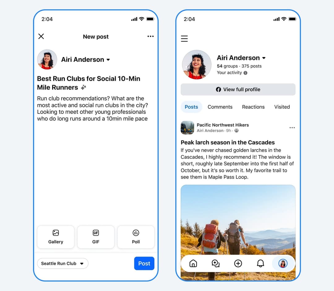 The image shows two screenshots of a mobile phone displaying social media content. The left screenshot shows a profile of Airi Anderson, a runner, with a post titled "Best Run Clubs for Social 10-Min Mile Runners". The right screenshot shows a post from Pacific Northwest Hikers, featuring a photo of a couple hiking in
