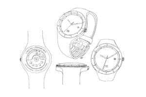 A black-and-white technical line drawing showing a watch with an open case back, a side profile of the strap, and a front view of the dial with a bracelet. Small annotations appear on the drawing but are not fully legible.