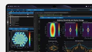 A laptop screen shows engineering software with a dashboard of antenna plots and labels including "Antenna Directivity and Sector Energy."