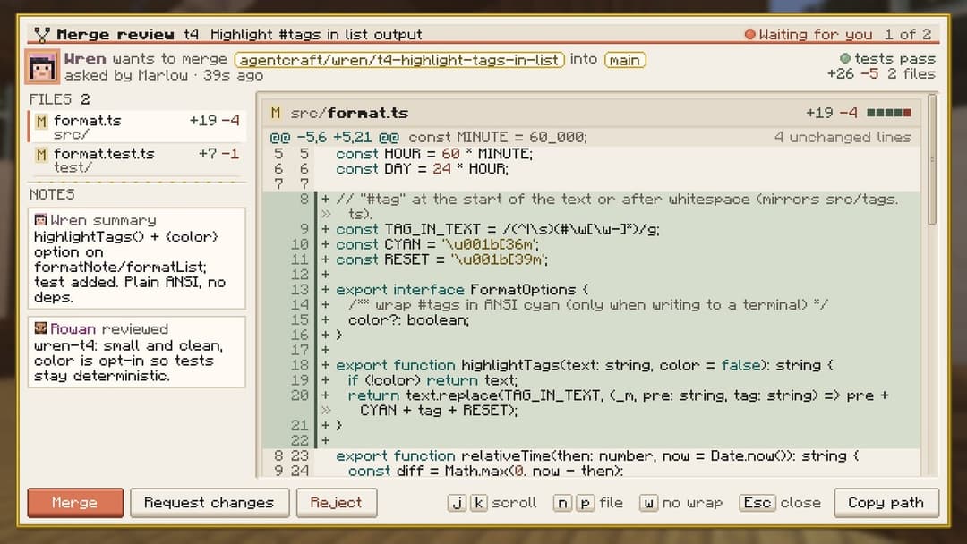 The image shows a screenshot of a text editor displaying a merge review for a project called "agentcraft_ur4/highlight-tags-in-list". The project is being merged into a main file named "main.sro". The review indicates that the merge was successful, with a total of 2 tests passed. The review also highlights the presence