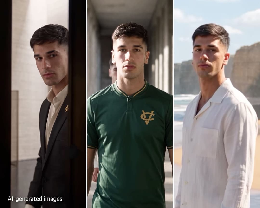The image is a triptych, a three-part composition, featuring three young men in different settings. The first man is dressed in a black suit and tie, standing in a hallway with a neutral expression. The second man is wearing a green polo shirt with a gold logo, standing in a hallway with a neutral expression. The third