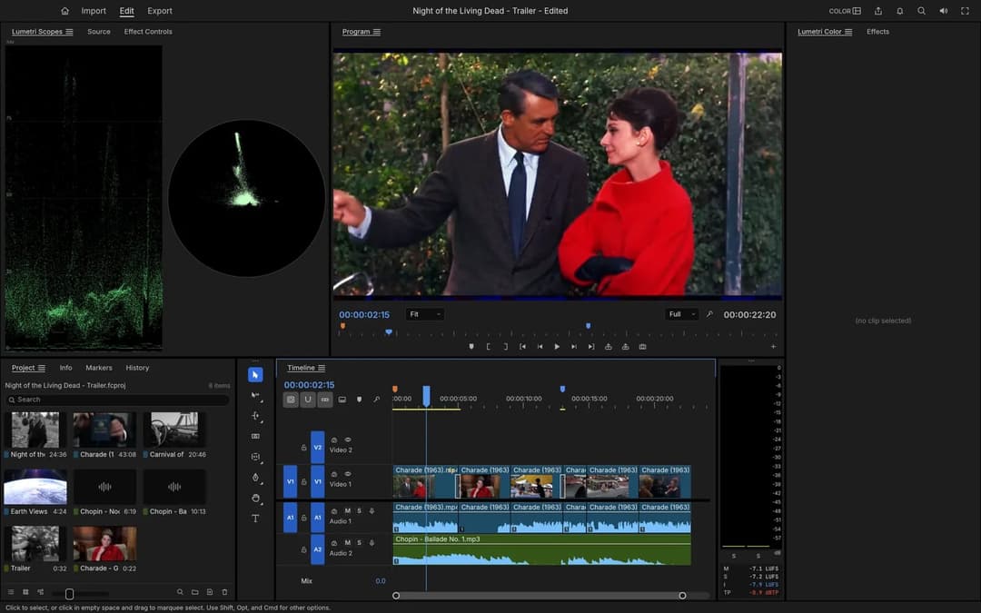 The image shows a video editing software interface, likely from Adobe Premiere, displaying the video editing process for the movie "Night of the Living Dead - Trailer - Edited". The central focus is a video clip featuring a man and a woman, both dressed in formal attire. The man is wearing a dark suit and tie, while th