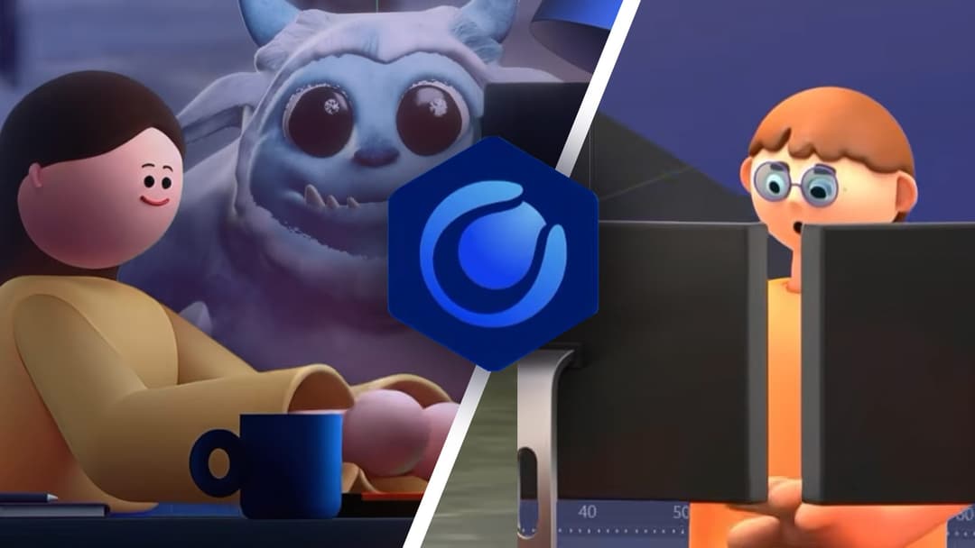 A split-screen image with a 3D-rendered cartoon woman, a blue mug, and a fluffy blue creature on the left, and a cartoon boy with glasses at a monitor on the right. A blue hexagon logo with a swirl sits at the center.