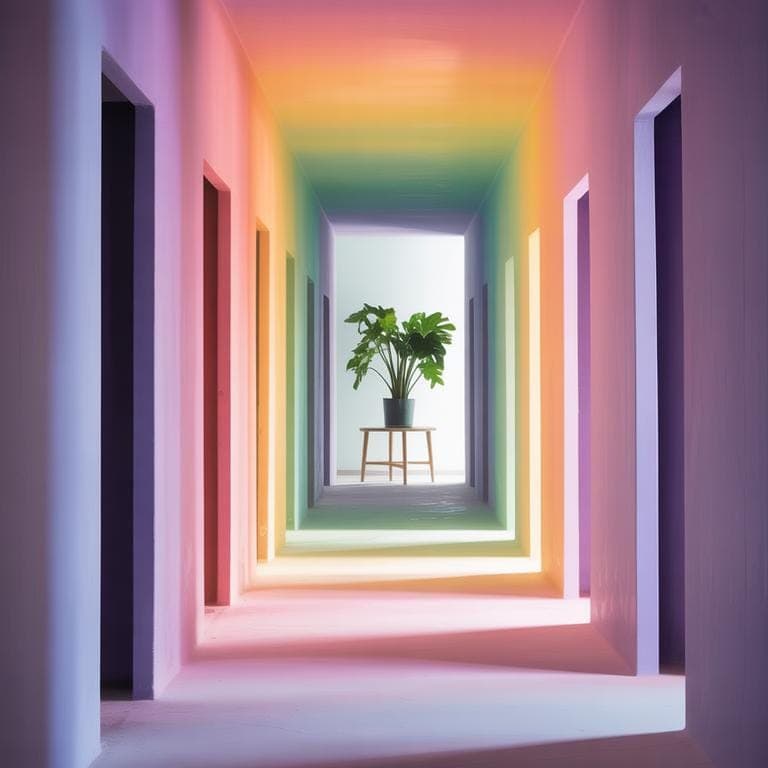 A long pastel-colored corridor with rainbow-gradient walls and ceiling, recessed doorways and a potted plant on a small stool at the far end. No visible text or brand.