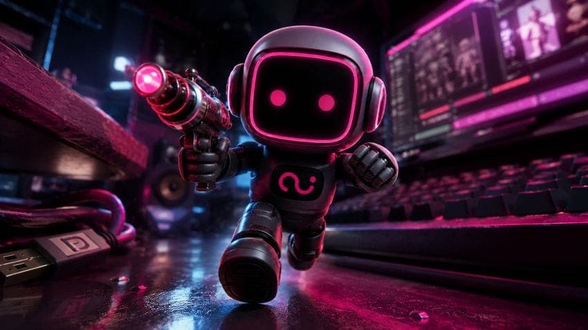 The image depicts a robot with a black body and pink accents, standing on a dark surface. The robot is holding a pink gun in its right hand and has a pink smiley face on its chest. The robot is positioned in front of a computer monitor displaying a dark screen with pink and purple text and graphics. A keyboard is visib