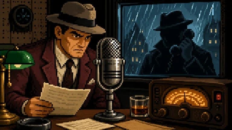 The image depicts a man in a dark suit and fedora, seated at a desk in a dimly lit room. He is holding a piece of paper and appears to be speaking into a microphone. A vintage radio sits on the desk next to a glass of amber liquid, possibly whiskey. The room has a textured wall with a clock and a lamp, and a window rev