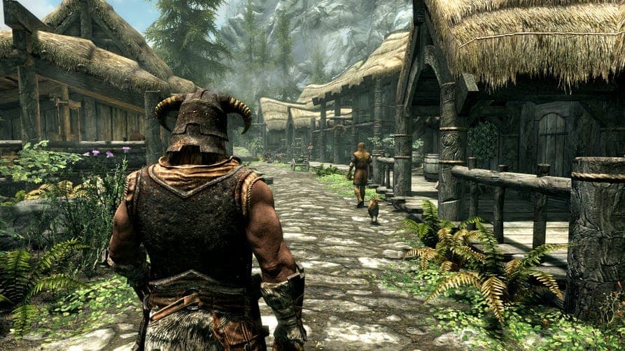 The image depicts a scene from the video game Skyrim, set in a village with thatched roofs and wooden structures. The perspective is from the back of a character, who is wearing a brown and black outfit and a helmet with horns. The character is walking away from the viewer, towards a path that leads towards a small dog