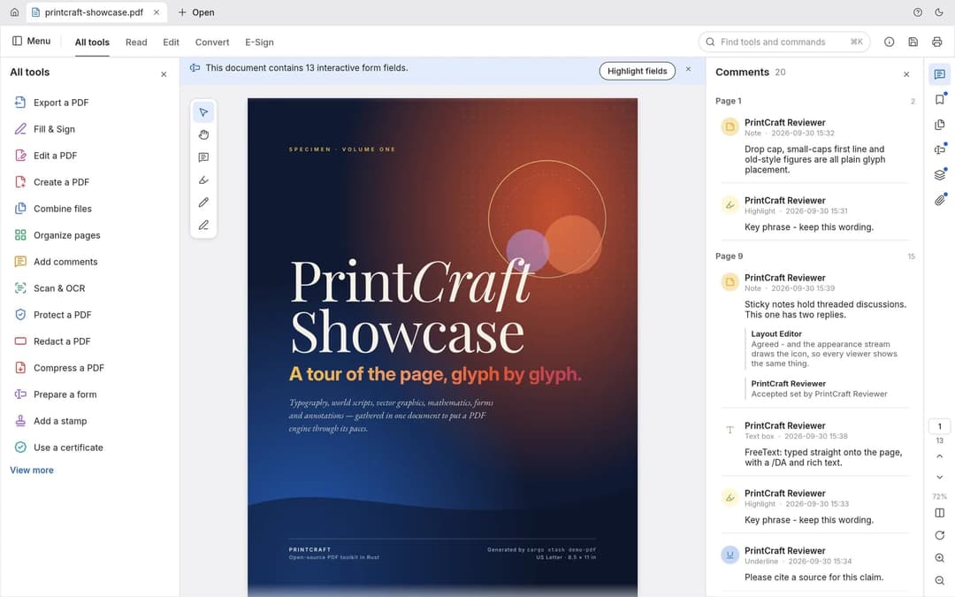 The image shows a screenshot of a printcraft software interface. The main focus is a document titled "PrintCraft Showcase", which is displayed in a vibrant blue and orange color scheme. The document is a PDF and is marked as page 1. The interface includes a search bar, a list of tools, and a section for comments. The "