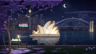 The image depicts the Sydney Opera House, a renowned landmark in Australia, situated on a small island in the harbor. The Opera House is illuminated with warm white lights, contrasting with the dark blue water surrounding it. The Sydney Harbour Bridge, a symbol of Australia, stretches across the harbor in the backgroun