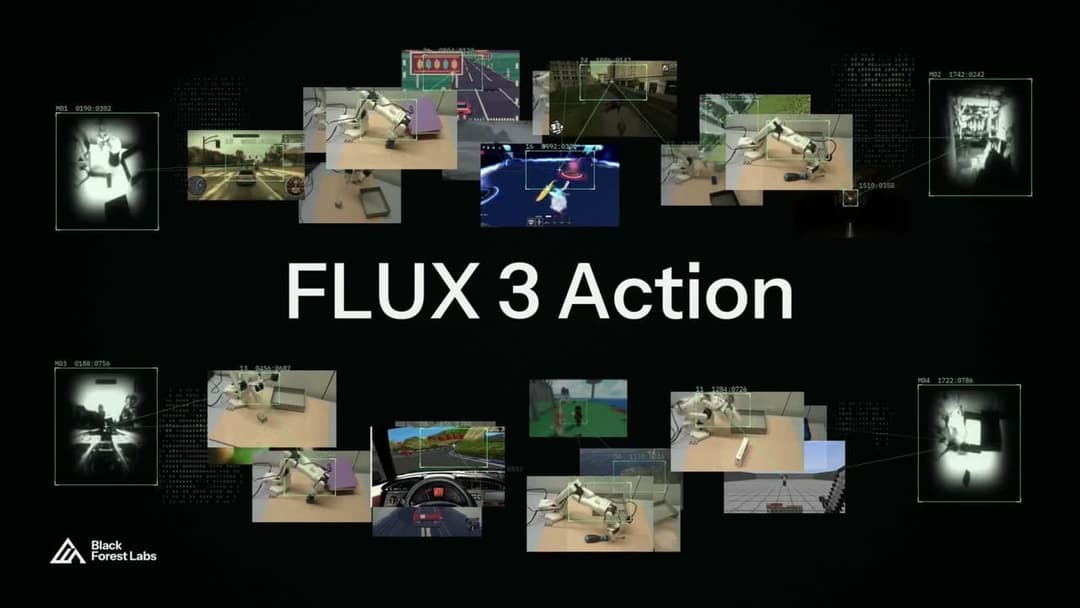 The image presents a collage of screenshots from a video game titled "FLUX 3 Action". The collage is arranged in a grid-like pattern against a black background. The top row features screenshots of a robot navigating a city street, a robot in a warehouse setting, and a robot in a warehouse setting. The middle row shows