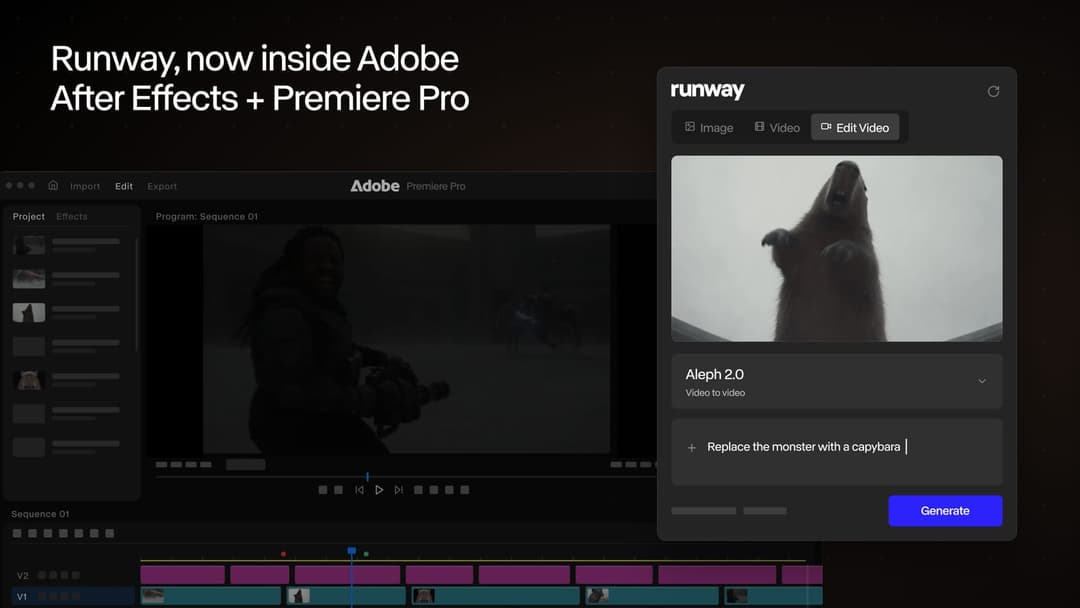 The image shows a screenshot of a video editing interface within Adobe Premiere Pro. The interface is dark with a white background, and features a video player window displaying a video titled "Aleph 2.0" with a subtitle indicating it's a "video to video" feature. The video player window also includes a play button and