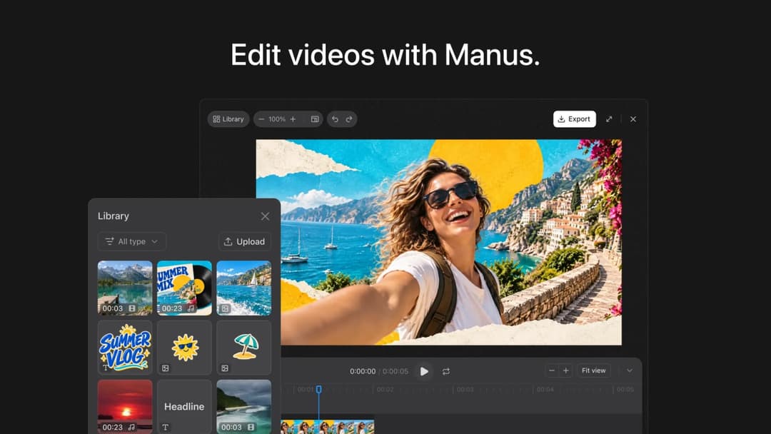 The image shows a video editing interface with a video playing in the background. The video is a vibrant collage of a woman in a white tank top and sunglasses, holding a selfie stick, with a scenic view of a coastal town. The video has a title bar that reads "Library" and a "Export" button. The interface also includes