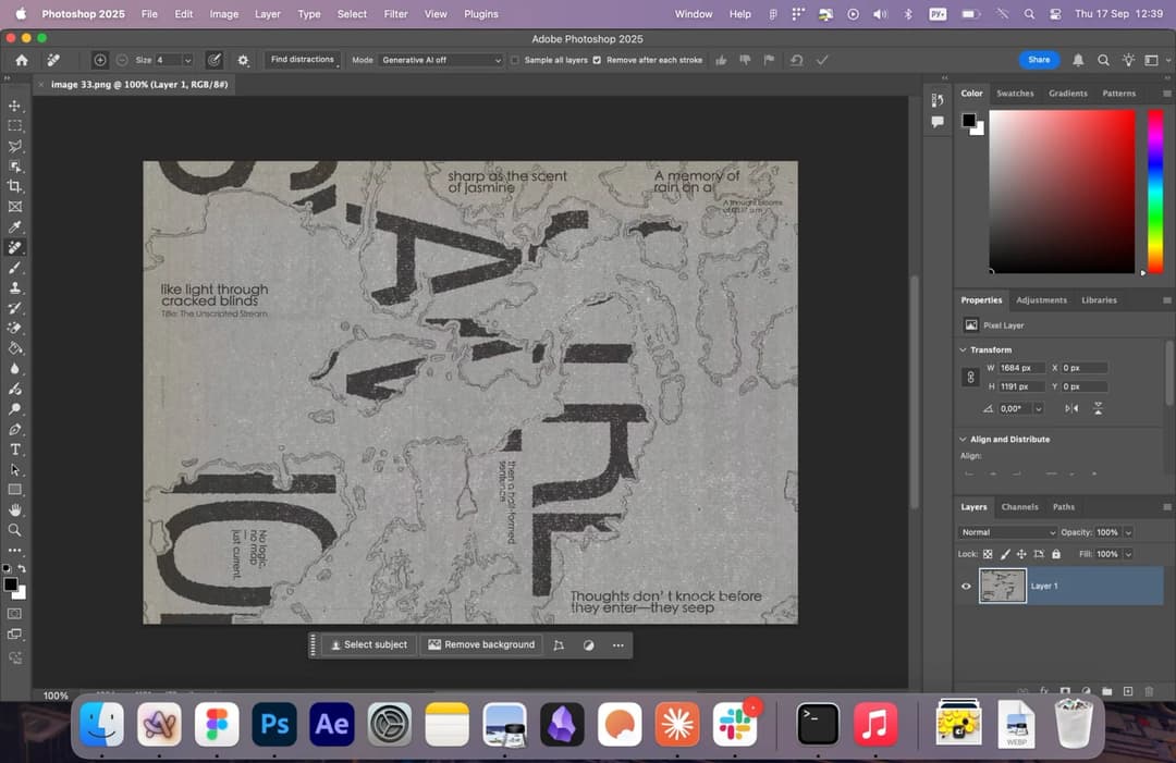 The image shows a screenshot of Adobe Photoshop 2025, a professional photo editing software. The software is open, displaying a large, grayscale image with the word "Jazzmine" prominently featured in the center. The image is a stylized representation of a landscape, possibly a map or a stylized representation of a natu