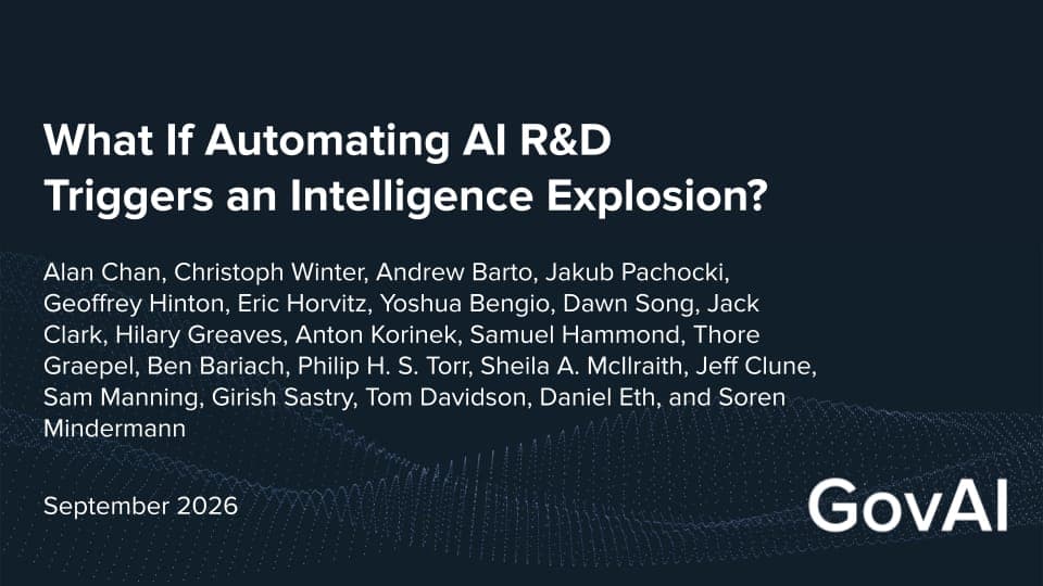 The image presents a slide from a presentation titled "What If Automating AI R&D Triggers an Intelligence Explosion?". The slide is set against a dark blue background with a subtle wave-like pattern. The text on the slide is white and arranged in a vertical list, with each line starting from the top. The list includes