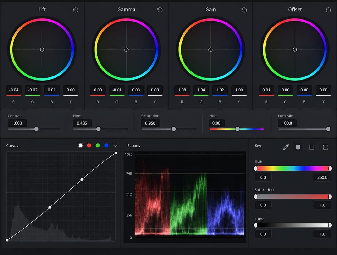 The image presents a digital interface, likely from a video editing software, showcasing a variety of editing tools and settings. The interface is divided into four main sections: Lift, Gamma, Gain, and Offset. Each section features a circular color wheel with a gradient of colors, including red, orange, yellow, green,