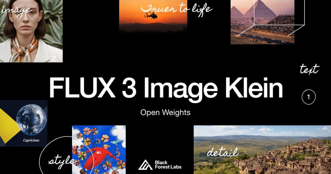 The image is a promotional graphic for the software "FLUX 3 Image Klein". It features a black background with white text and six images arranged in a grid pattern. The top row shows two images: a woman's face and a desert landscape with a pyramid. The middle row displays a helicopter in a sunset sky, a cityscape with a
