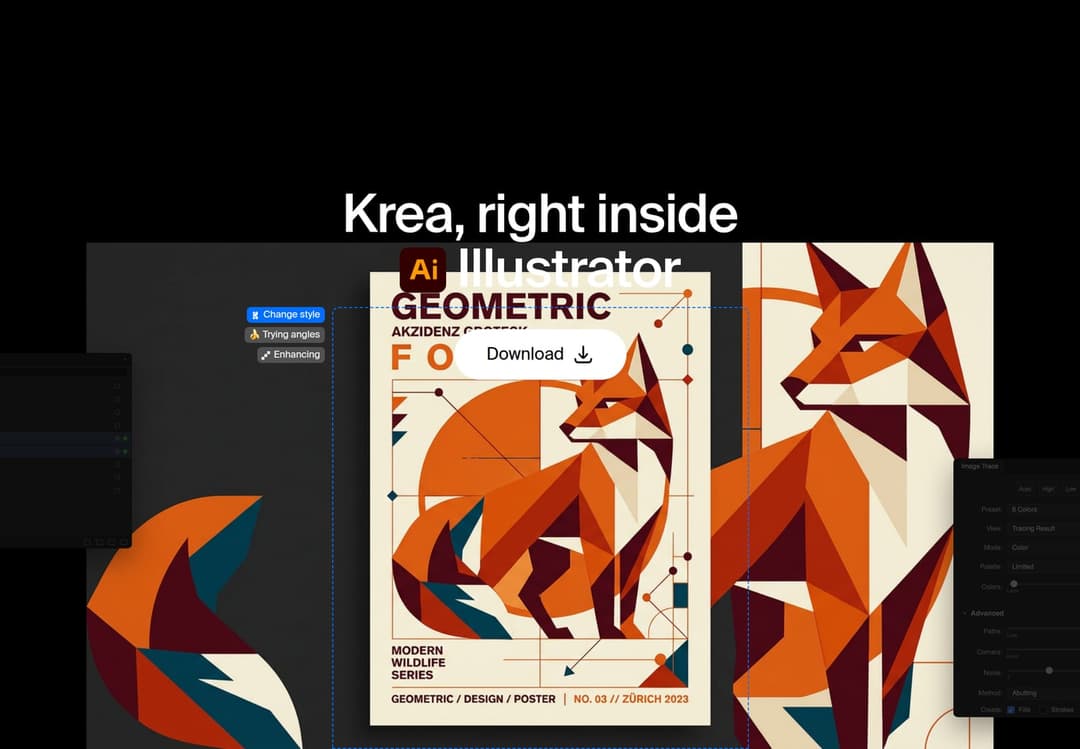 The image showcases a digital illustration of a fox, rendered in a geometric style. The fox is the central focus, standing on a white background with a geometric pattern. The fox is predominantly orange and brown, with accents of blue and teal. The illustration is presented in a modern, clean design with a black backgr
