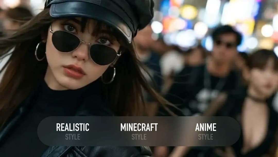 The image shows a young woman with long, dark hair and bangs, wearing a black leather jacket, a black baseball cap, and aviator-style sunglasses. She is also wearing large, gold hoop earrings. The background is out of focus, but appears to be a city street with colorful lights. The image is overlaid with a banner that