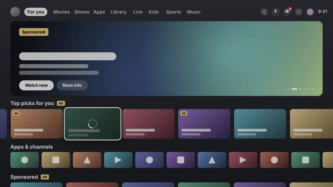 The image shows a screenshot of a television streaming app interface. The top of the screen displays a dark blue/teal gradient background with a large white rectangle in the center. The app's title bar is visible at the top, with the text "For you" and "Movies & Channels" displayed. Below the title bar, a search bar is