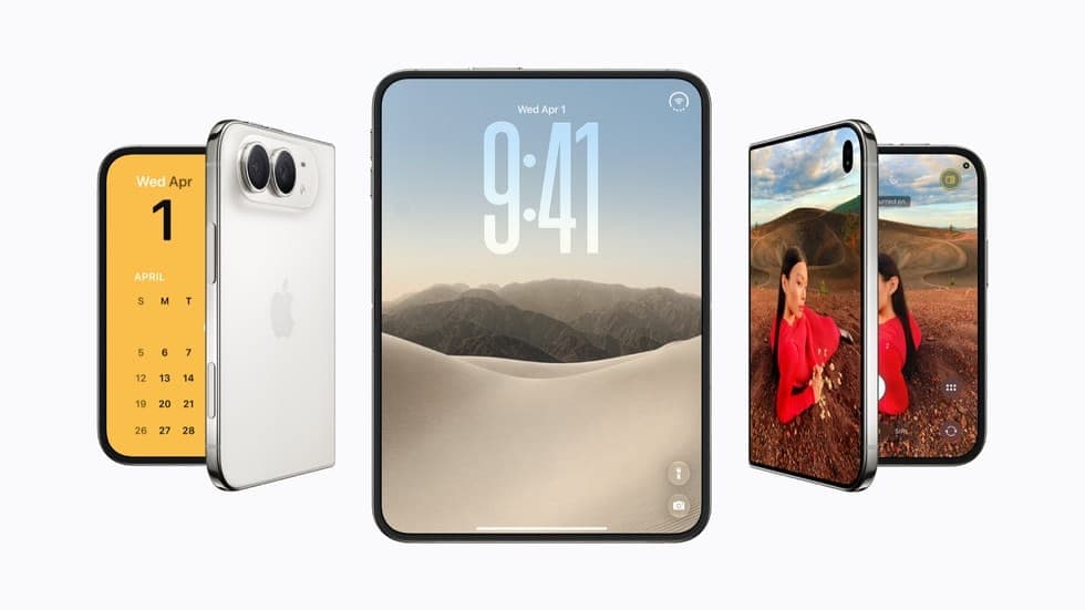 The image presents a collection of four devices, each showcasing a different aspect of modern technology. On the left, a white iPhone with a dual camera setup is shown, displaying a calendar app with the date "1" and the month "April". In the center, a white iPad is shown with a blue screen displaying the time "9:41" a