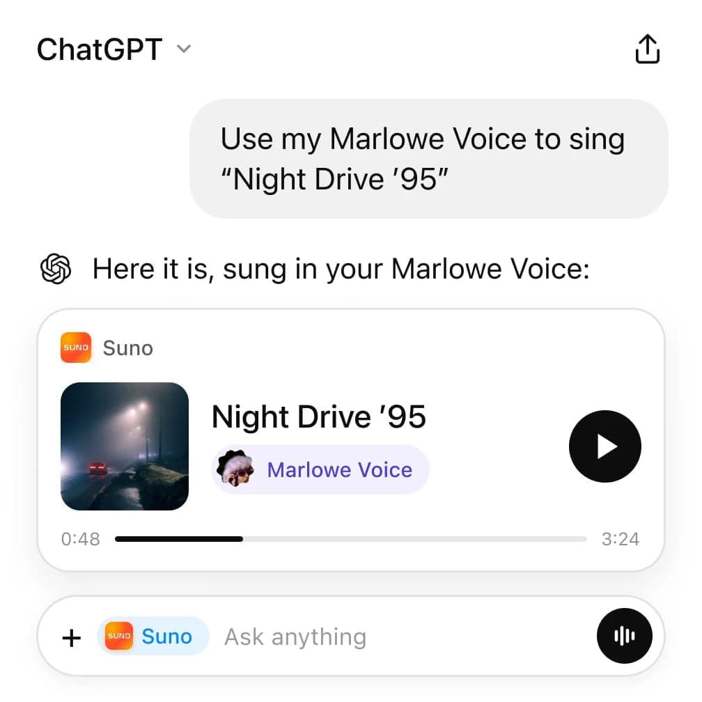 A ChatGPT chat shows the user asking to use "Marlowe Voice" to sing "Night Drive '95", and a reply with a Suno player card for that song tagged "Marlowe Voice" at 0:48 of 3:24. The input bar has the Suno app selected, and the ChatGPT and Suno logos are visible.