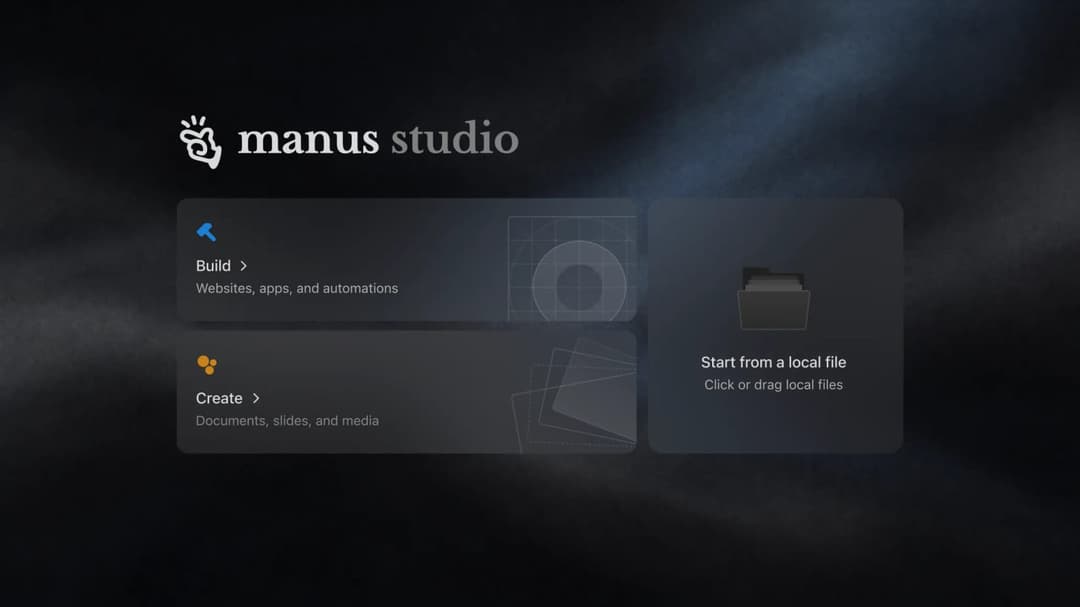 The image presents a user interface for the "manus studio" application. The background is a gradient of dark blue and black, creating a striking contrast with the white text that reads "manus studio". The interface is divided into three sections, each with a distinct color scheme and purpose. The top section is labeled