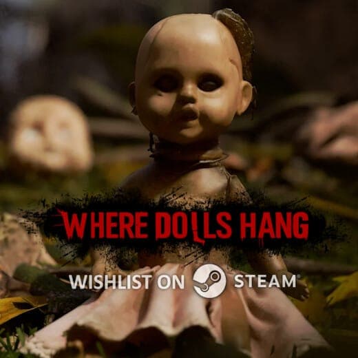 The image shows a doll with a pale complexion and a dark, possibly black, hairpiece or braid on its head. The doll is dressed in a light pink or peach-colored dress and is positioned in a grassy area with fallen leaves. The background is out of focus, creating a sense of depth. The text "WHERE DOLLS HANG" is prominentl