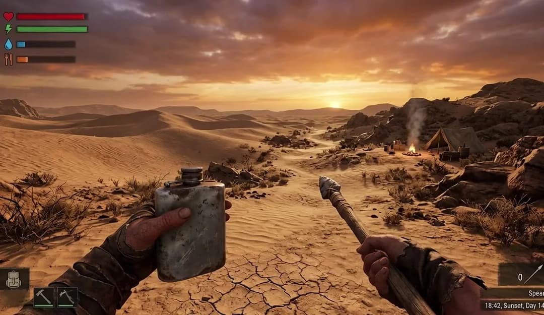 The image depicts a desert landscape at sunset. The sky is filled with orange and yellow hues, creating a dramatic backdrop. In the foreground, a player's hands are visible, holding a metal flask and a spear. The player's character is wearing a brown/tan outfit. In the background, a small camp with a fire is nestled am