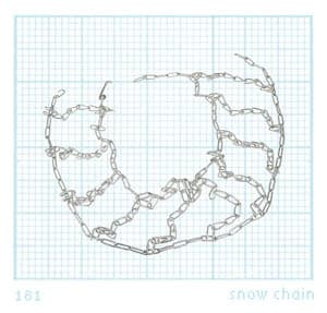 The image presents a chain, composed of numerous small, interconnected silver links, arranged in a circular pattern against a light blue grid background. The chain is not perfectly circular, but rather has a slightly irregular, almost cloud-like shape. The background grid is a light blue color. The image is labeled "18