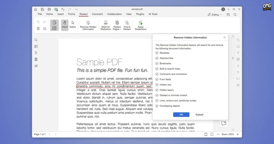 The image shows a screenshot of a document editing software interface. The main window displays a document titled "Sample PDF" with a red border. The document is open, and the "Edit" button is currently selected. The software interface includes tabs for "File", "Home", "Insert", "Forms", "Redact", "Comment", "Collabora