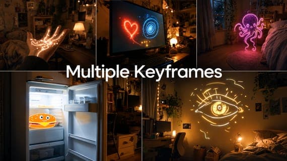 The image is a collage of four photos, each depicting a different room with a unique keyframe. The first photo shows a hand with a glowing orange design on it, with a pink glowing octopus-like figure in the background. The second photo shows a computer monitor with a red and blue design, including a heart and a spiral,